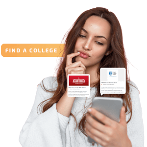 young female student browsing postgrad courses on her phone