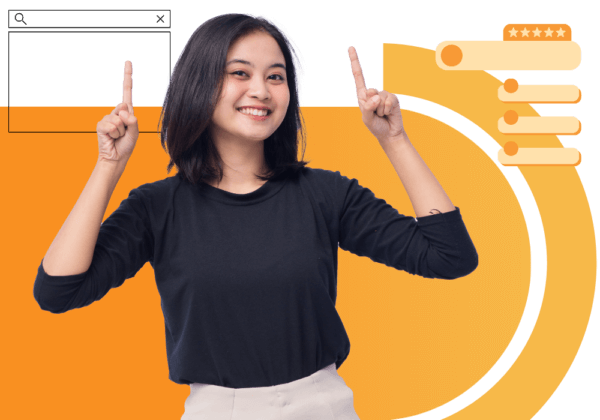 young student pointing at 5 star reviews
